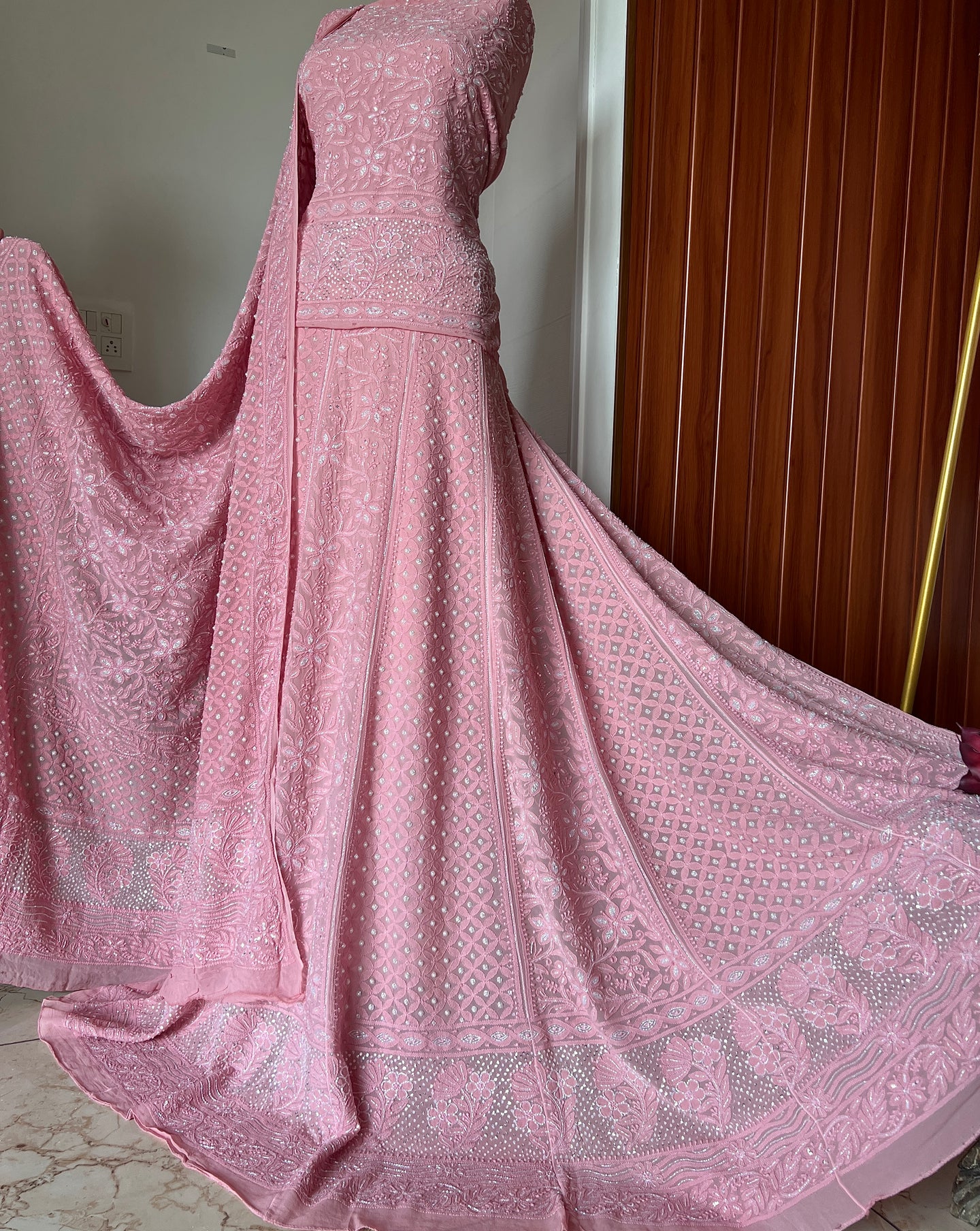 Onion pink Chikankari Cut Dana Pearl Sequins Lehenga